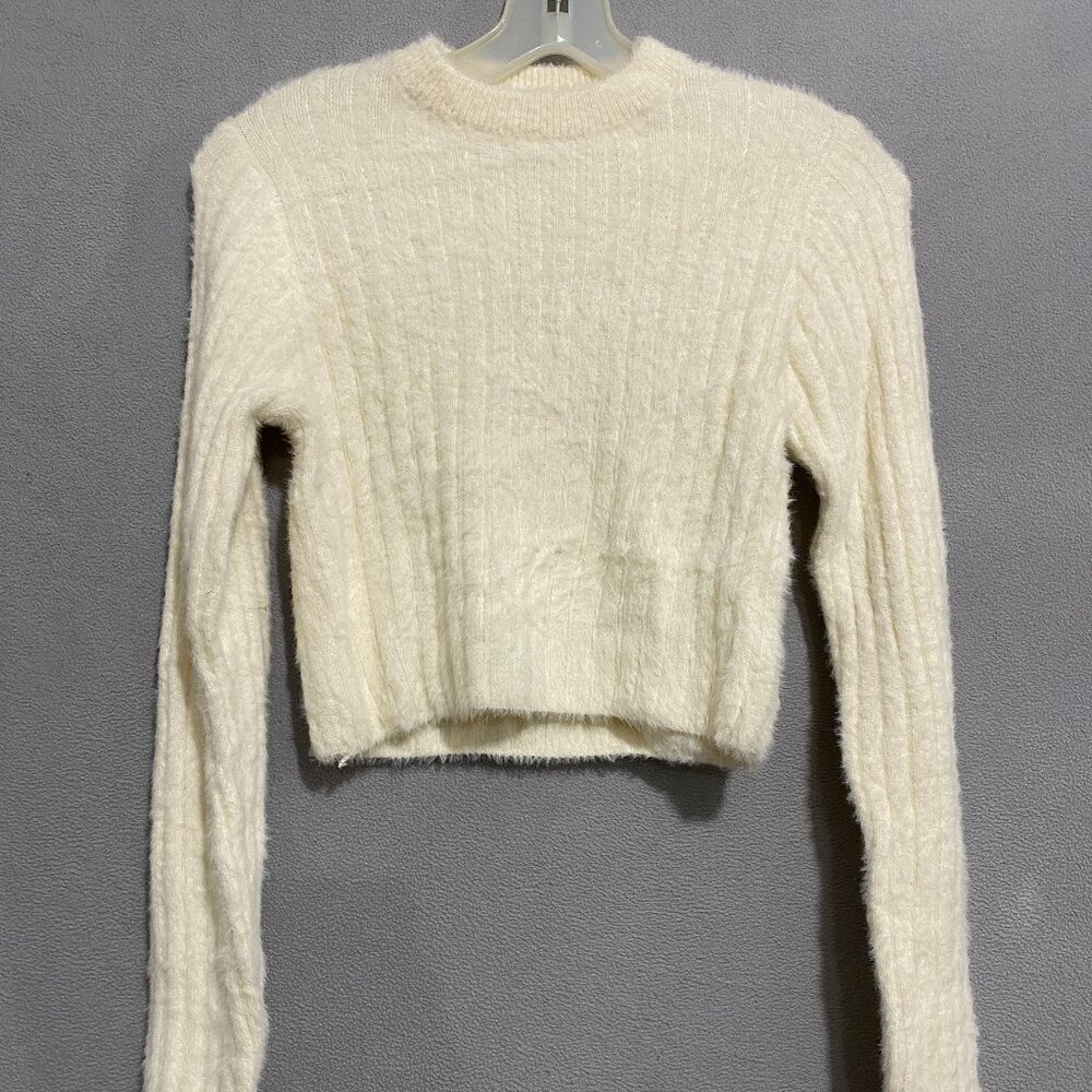 Pink Rose Cream Fuzzy Ribbed Cropped Sweater Sz S Soft Cozy Knit Top